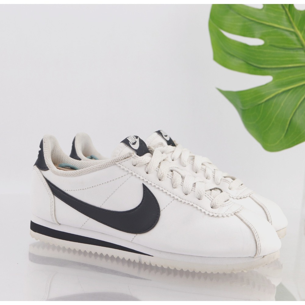 Nike Womens Cortez Running Shoe Size 6.5 White Black Leather Sneaker Trainer Low